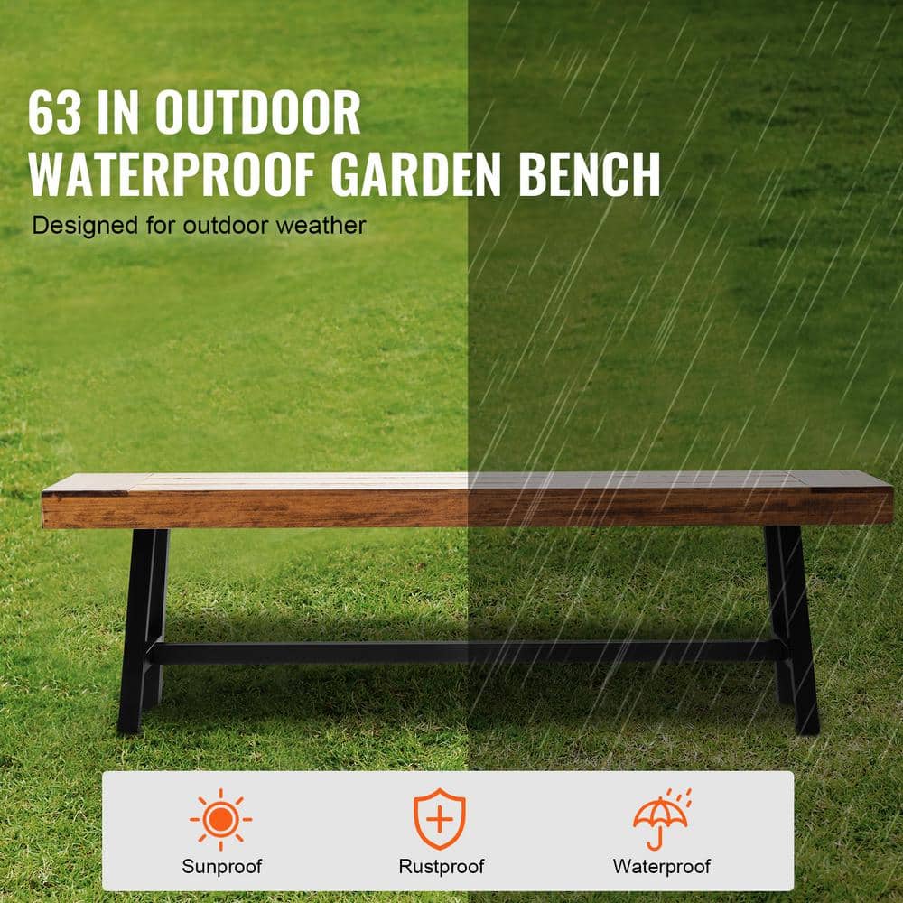 63-Inch Brown Wood and Black Metal Outdoor Bench