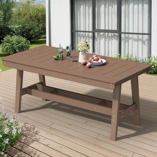 Brown Rectangular HDPE Outdoor Dining Table with Umbrella Hole, All-Weather Patio Table for Indoor/Outdoor Use