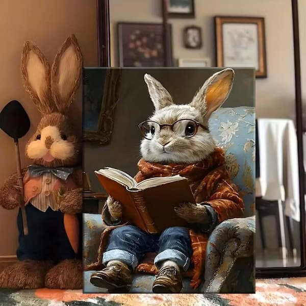 Whimsical Anthropomorphic Rabbit in Glasses and Plaid Scarf