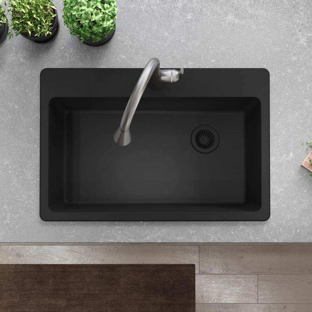 Matte Black Quartz Single Bowl Drop-In Sink, 33 x 22 Inches