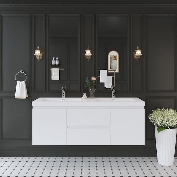 59.00 in. Double Sink Floating Glossy White Bath Vanity with White Resin Top Assembled