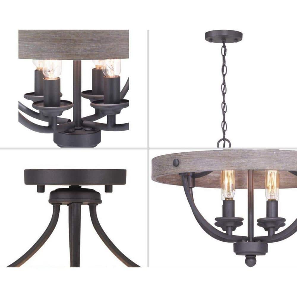 Graphite and Wood Grain 4-Light Semi-Flush Ceiling Fixture
