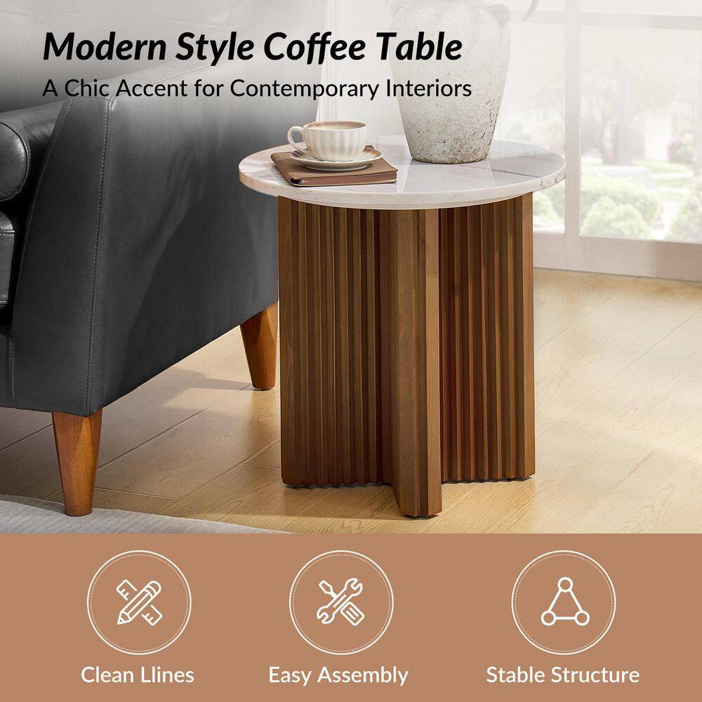 Liena Modern Minimalistic 19.75 in. Round Walnut Marble-Top End Table - thumbnail 4