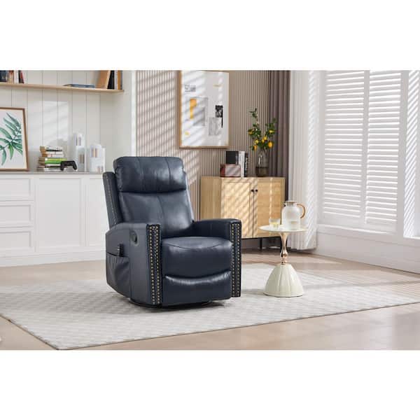 Yasmine Blue Upholstered Genuine Leather Swivel Rocker Manual Recliner Chair with Lumbar Heat and Massage