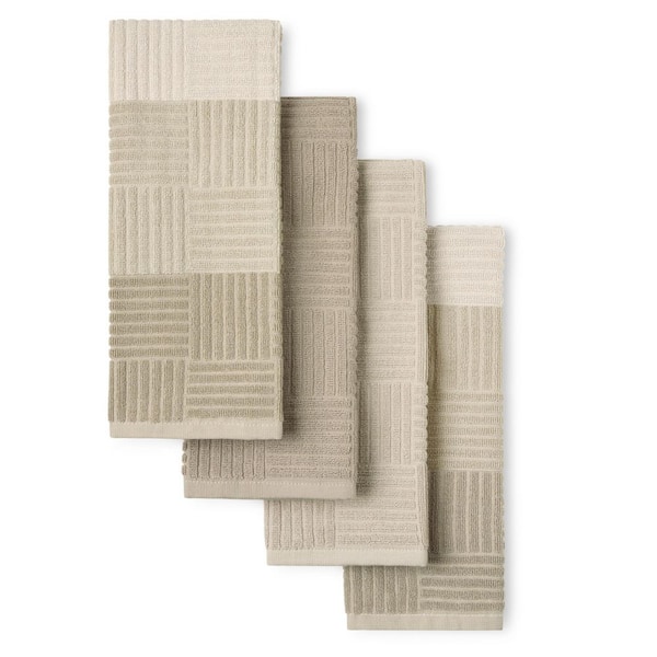 Beige Basketweave Striped Terrycloth Kitchen Towel Set (Set of 4)