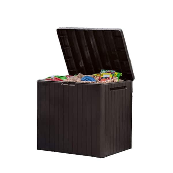 Brown 30 Gallon Resin Outdoor Storage Box Wood Look Weather Resistant Easy Assembly for Patio and Balcony