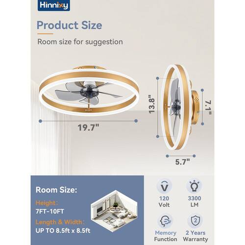 20 in. Smart Indoor Gold Flush Mount Color Changing LED Ceiling Fan with Light Kit and Remote and App Control Lighting