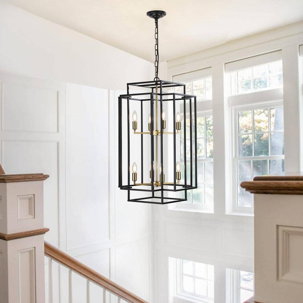 Black and Gold Geometric Metal Cage Chandelier with 8 Lights