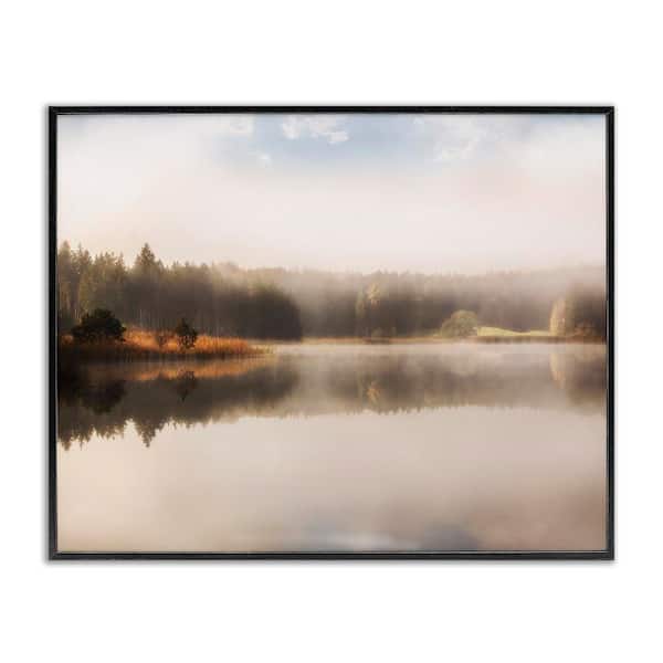 Stupell Industries Autumn Lake Mist Landscape Distant Pine Tree Forest by Irene Weisz Black Framed Graphic Nature Art Print 30 in. x 24 in.