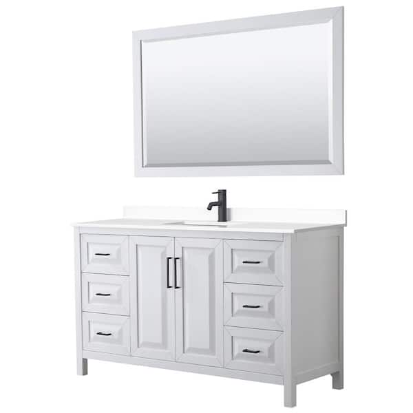 Wyndham Collection Daria 60 in. W x 22 in. D x 35.75 in. H Single Bath Vanity in White with White Cultured Marble Top and 58 in. Mirror