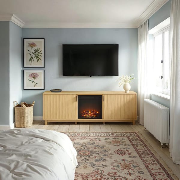 70 in. Coastal Oak Modern TV Stand with Freestanding Electric Fireplace