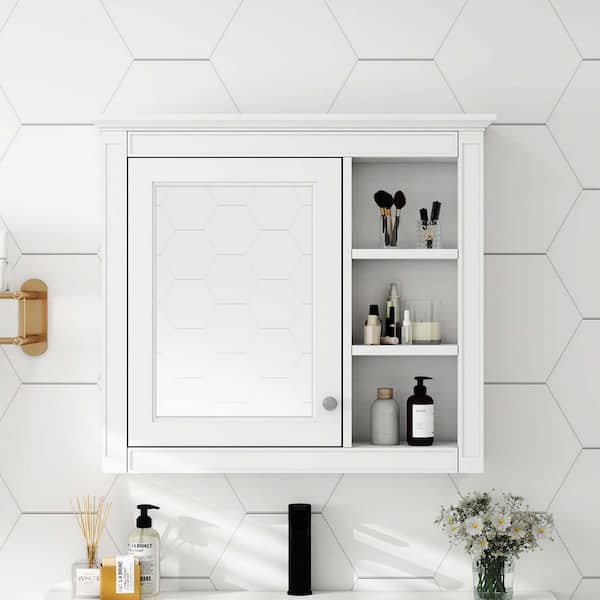 30 in. W x 28 in. H Rectangular MDF Medicine Cabinet with Mirror in White, Wall Mounted Bathroom Storage Cabinet