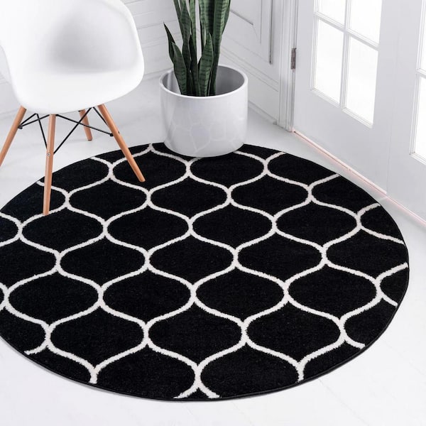 Trellis Frieze Collection Area Rug - Rounded (7 ft. 10 in. Round Black/Ivory)