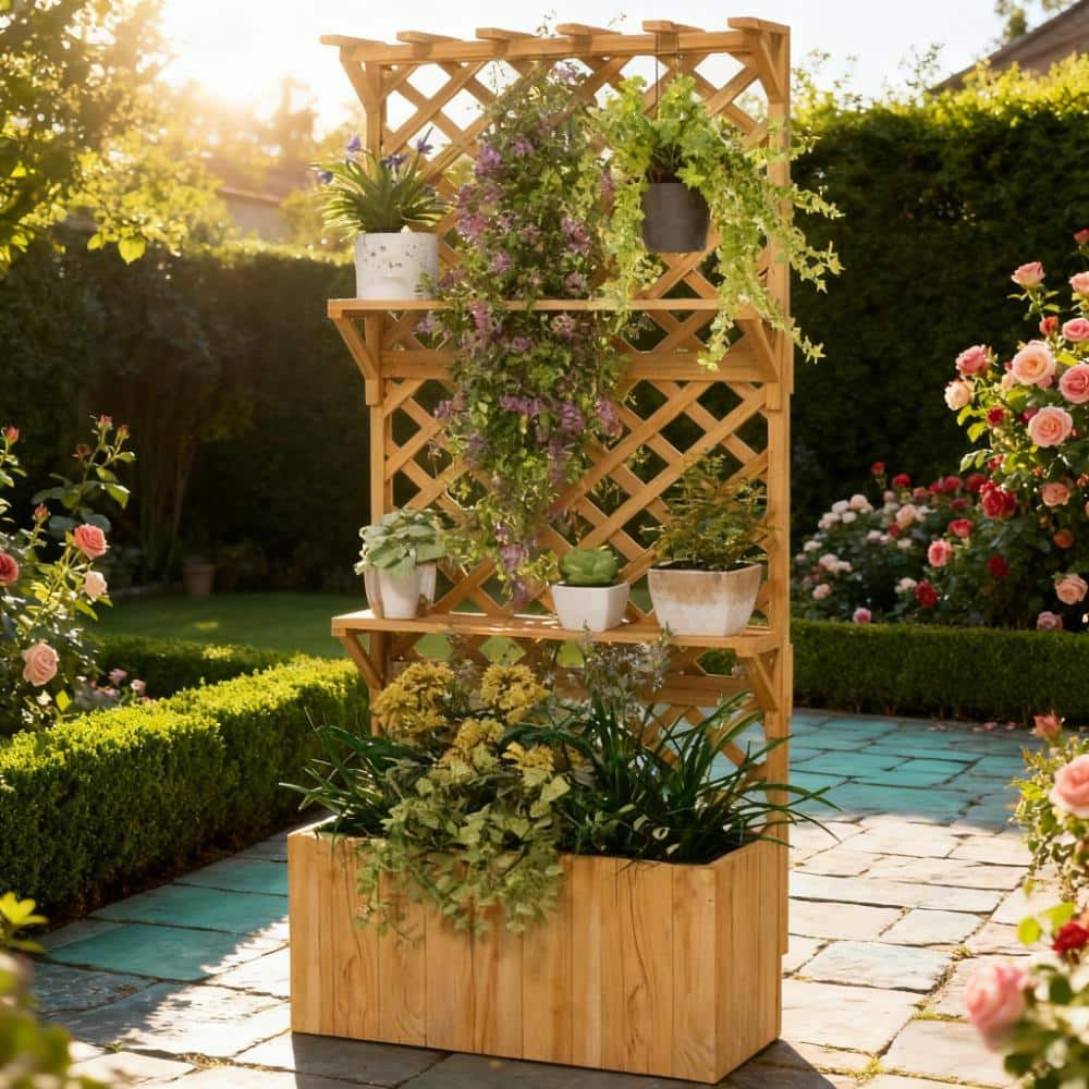 Wooden Planter,Raised Garden Bed,with Trellis, Hanging Roof, Plant Shelf, Drainage Holes and Bed Liner price history on PriceWatchPro