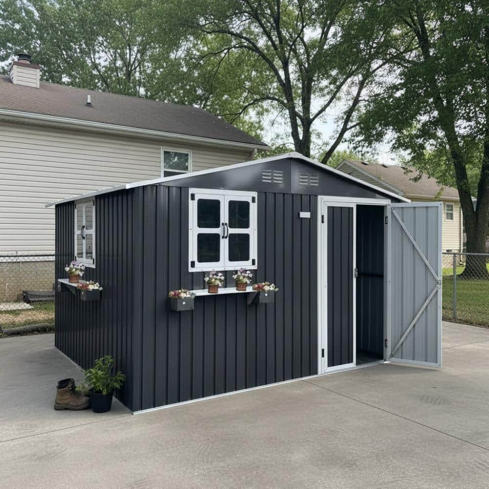 10x8 FT Coal Gray Metal Heavy Duty Outdoor Storage Shed with 3 Windows, Flower Rack, Lockable Double Door price history on PriceWatchPro