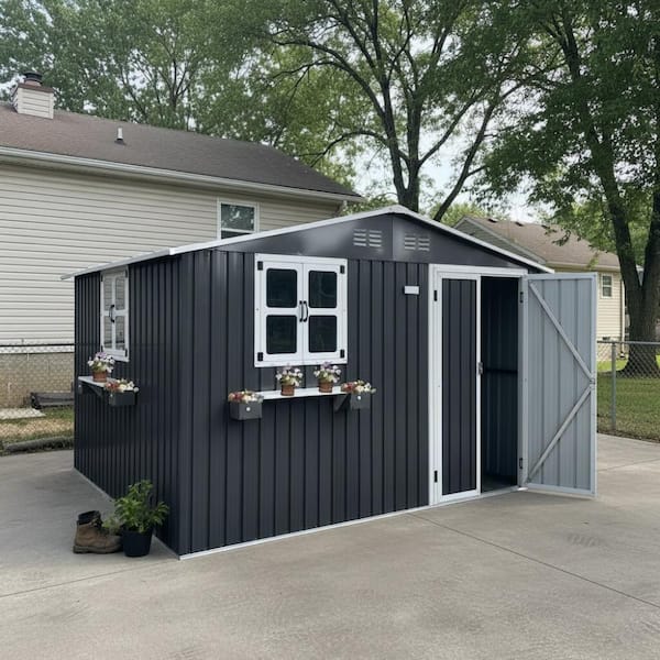 10x8 FT Gray Metal Heavy Duty Outdoor Storage Shed with 3 Windows