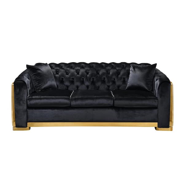 81.1 in. Wide Rolled Arm Velvet Modern Rectangle 3-Seater Chesterfield Sofa Tufted Couch with Gold Stainless in Black