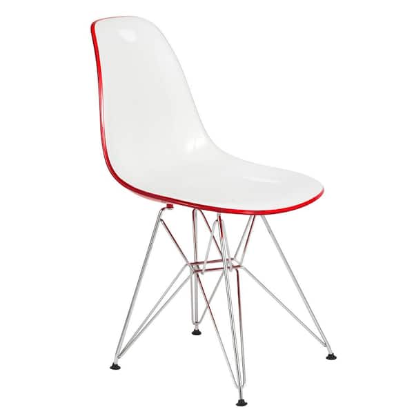 Leisuremod Cresco Modern Plastic Molded Dining Side Chair With Eiffel Chrome Legs White Red
