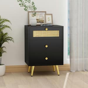 3-Drawer Black Nightstand with Rattan Drawer Side Table for Bedroom Living Room 25.98 in. H x 18.11 in. W x 14.56 in. D