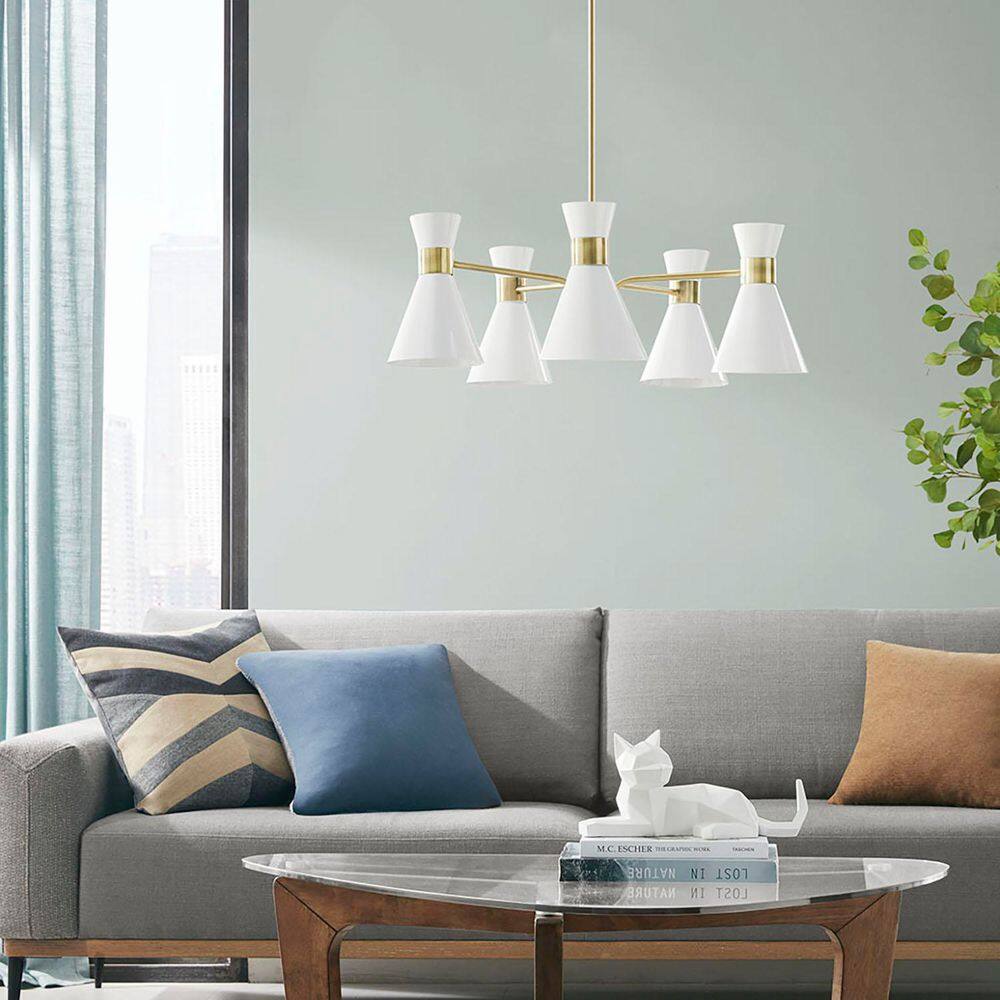 Ezra Mid-Century 5-Light Chandelier in Antique Brass with White Shades