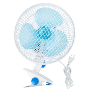 8.66 In. 2 Fan Speeds Personal Fan Clip On Fan Quiet Clamp Fan Adjustable Tilt Auto Shaking Fan in White and Blue Finish