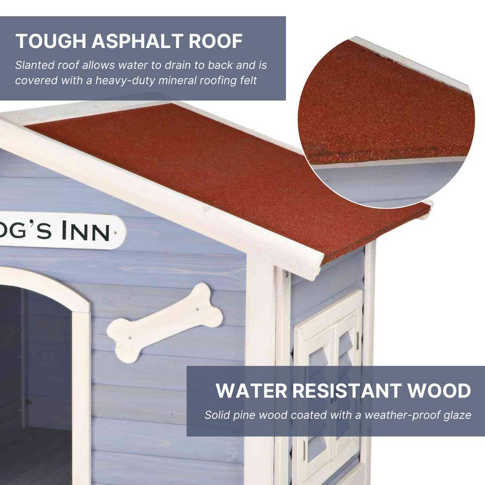 Medium Blue Wooden Dog House with Raised Floor