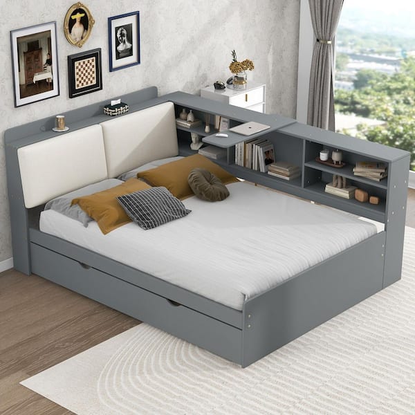 Gray Wood Frame Full Size Platform Bed with Storage Headboard