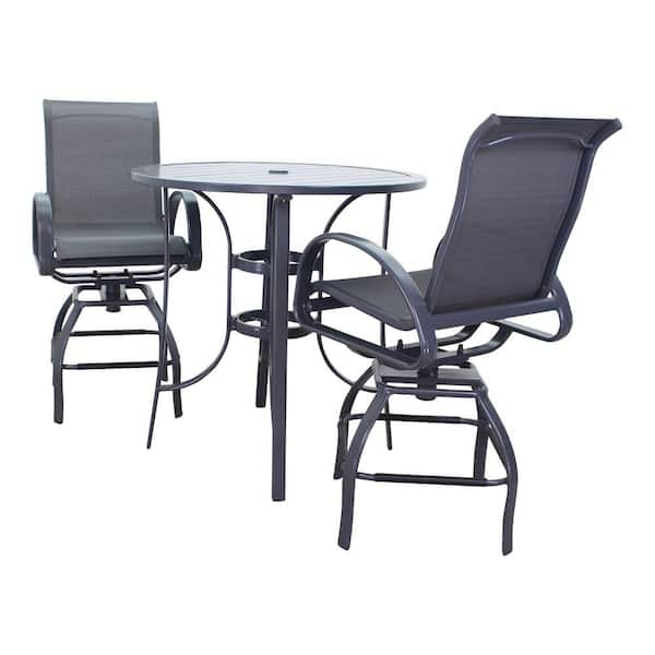 Courtyard Casual Santa Fe Dark Gray 3-Piece Aluminum Balcony Height 36 in. Round Outdoor Dining Set with 1 Table and 2 Swivel Stools