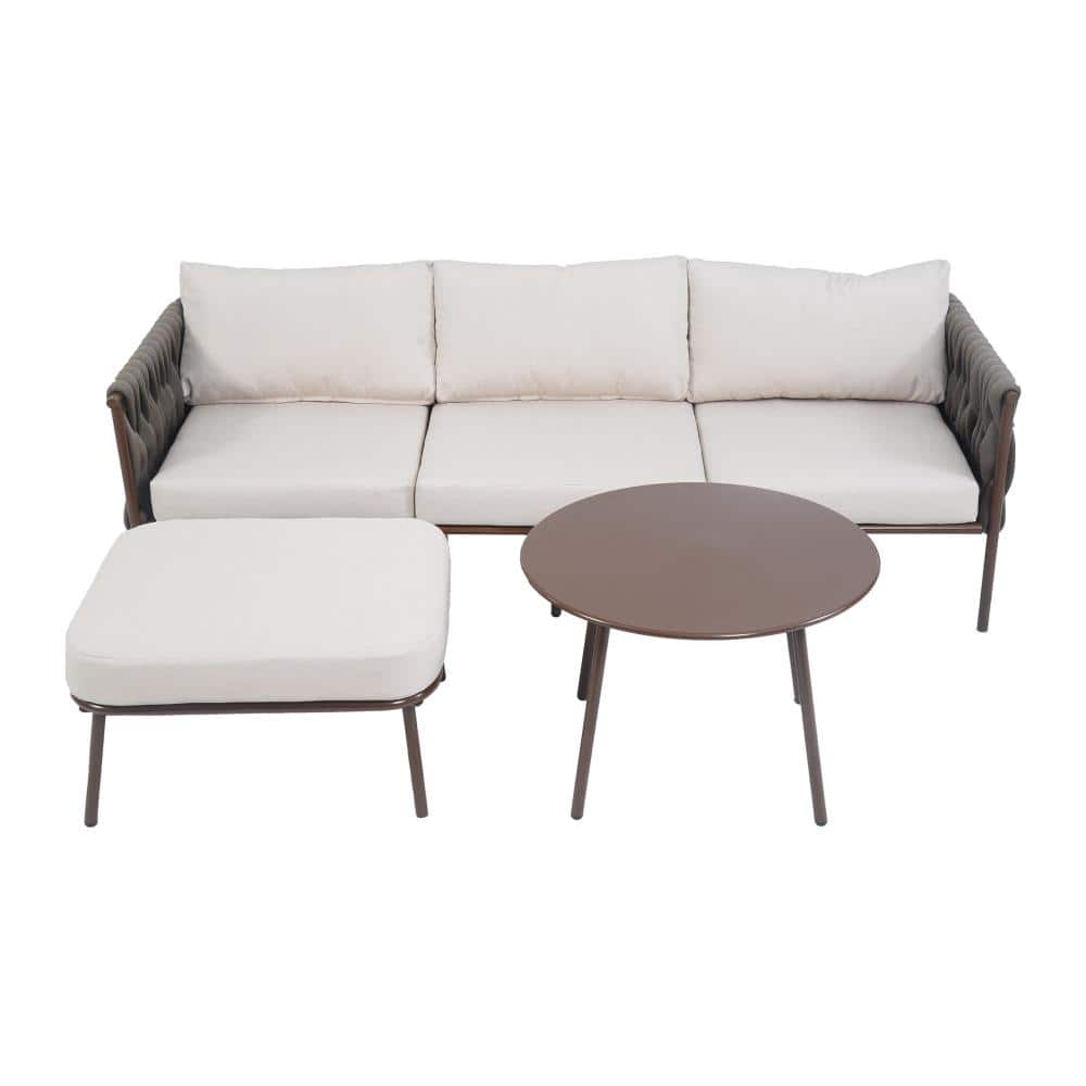 3-Piece Brown Metal Outdoor Sectional Set with Beige Cushions and Coffee Table for Patio, Garden, Backyard price history on PriceWatchPro