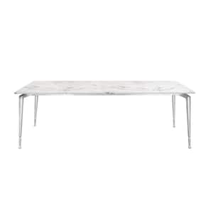 Ira 90 in. White Marble Dining Table with Silver Metal Legs