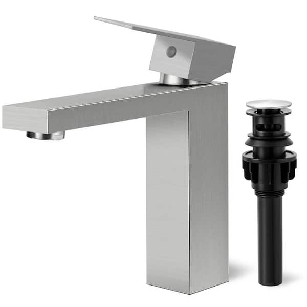 Single Handle Single Hole Bathroom Faucet with Deckplate Included and Drain Kit Included in Brushed Nickel