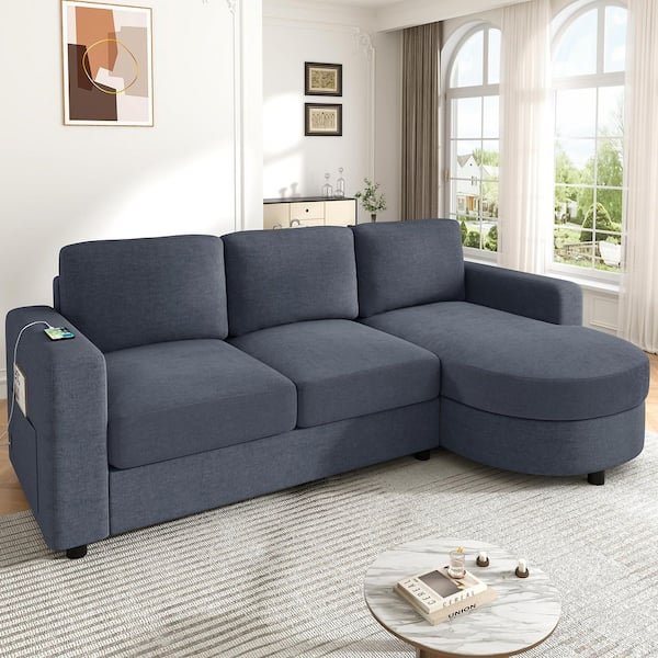 Ronald 84.6 in. Upholstered Chenille L-Shaped Sectional Sofa in Blue with Chaise Lounge, USB Ports, Storage Pockets