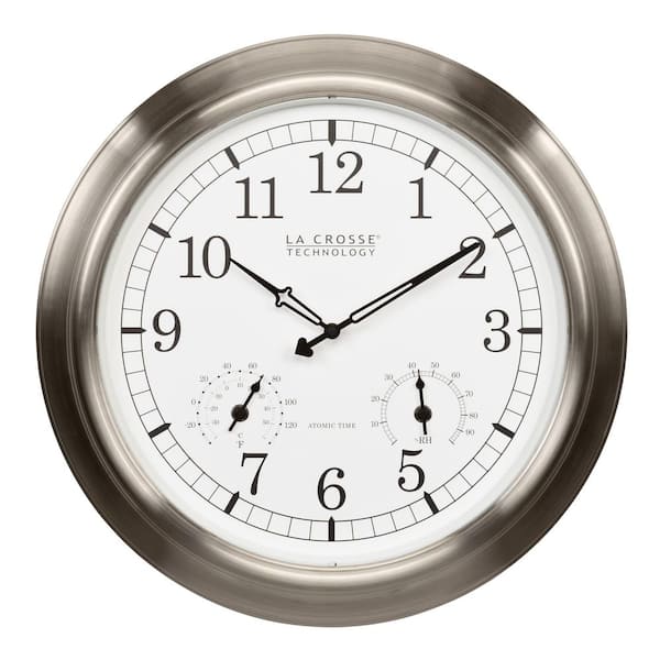 17.9 in. Indoor and Outdoor Stainless Steel Atomic Analog Wall Clock with Temperature and Humidity