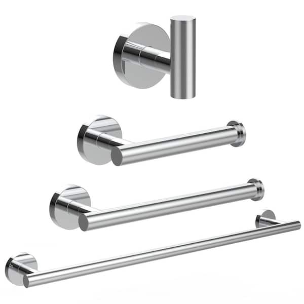 4-Piece Stainless Steel Bath Hardware Set with Towel Bars, Toilet Paper Holder, and Towel Hook in Polished Chrome