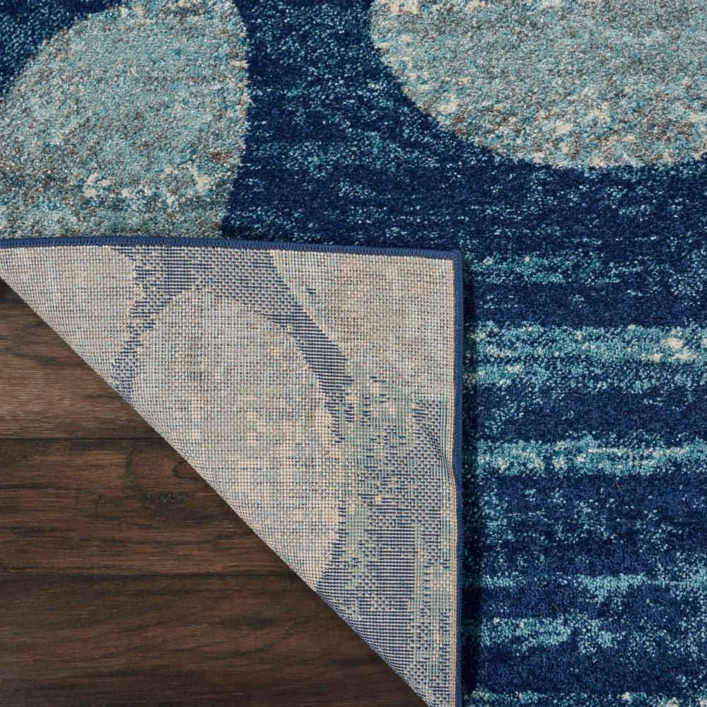 Navy and Light Blue Floral Synthetic Runner Rug