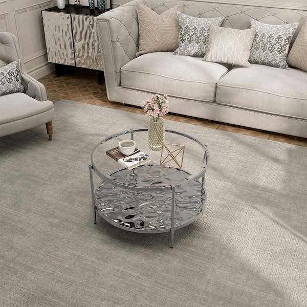 Clihome 31.5 in. Silver Round Glass Top End Table Stainless Steel Frame Coffee Table 2-Tier Side Table