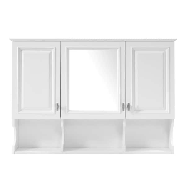 41 Inch White Wall Mounted Mirror Medicine Cabinet with Open Shelves Home Storage with Doors and Mirror