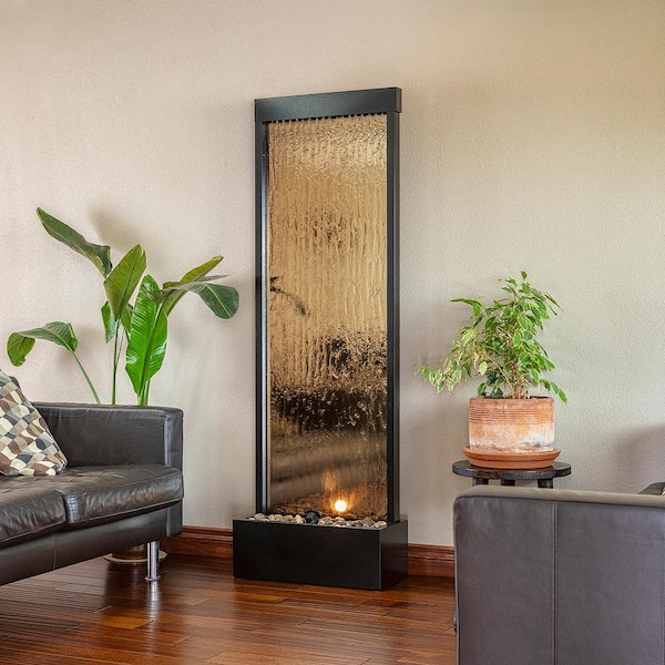 72 in. Tall Indoor/Outdoor Mirror Zen Waterfall Fountain with Stones and Lights, Bronze