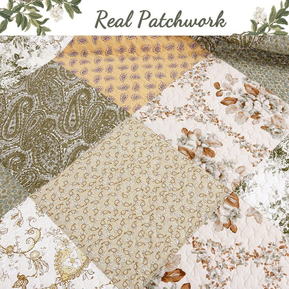 Olive Green and Beige Cotton Twin Reversible Quilt Set