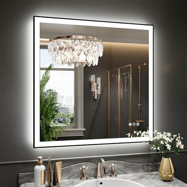 36 in. W x 36 in. H Square Framed LED Anti-Fog Wall Bathroom Vanity Mirror in Black with Backlit and Front Light