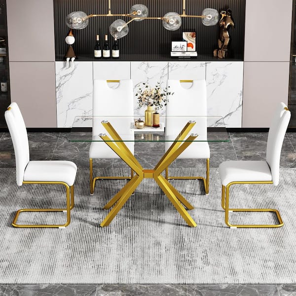 Modern Series Gold/Clear Tempered Glass 47.24 in. W Adjustable Metal Cross Legs Dining Table Seating Capacity 4-6 Person