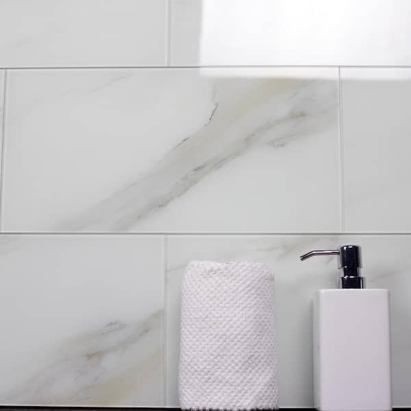 Nature Calacatta White Large Format Subway 8 in. x 16 in. Marble Look Glass Wall Tile (16 sq.ft./Case)