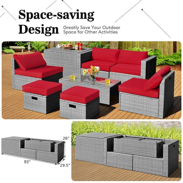 8-Pieces Patio Rattan Furniture Set Storage Waterproof Cover Red Cushion