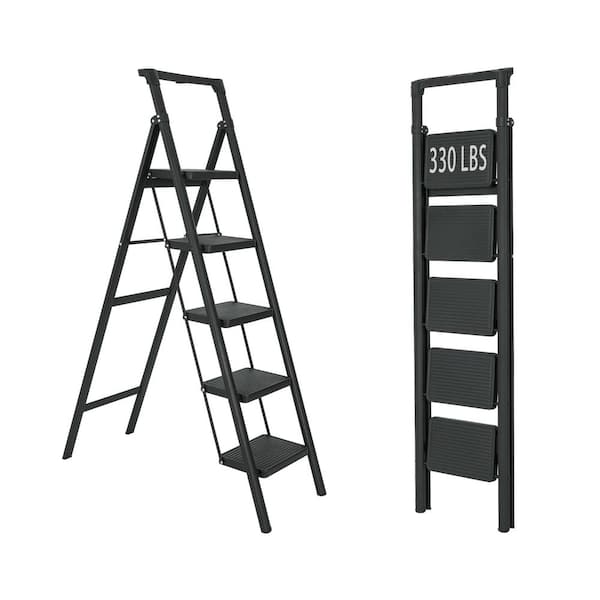5 ft. Reach 5-Step Iron Foldable Ladder with Tool Tray Load-Bearing 330 lbs. for Home Office Indoor and Outdoor in Black