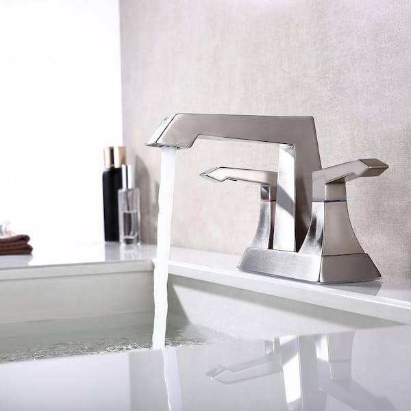 Staykiwi 4 in. Centerset Double Handle Mid Arc Bathroom Faucet with Drain Kit Included in Brushed Nickel
