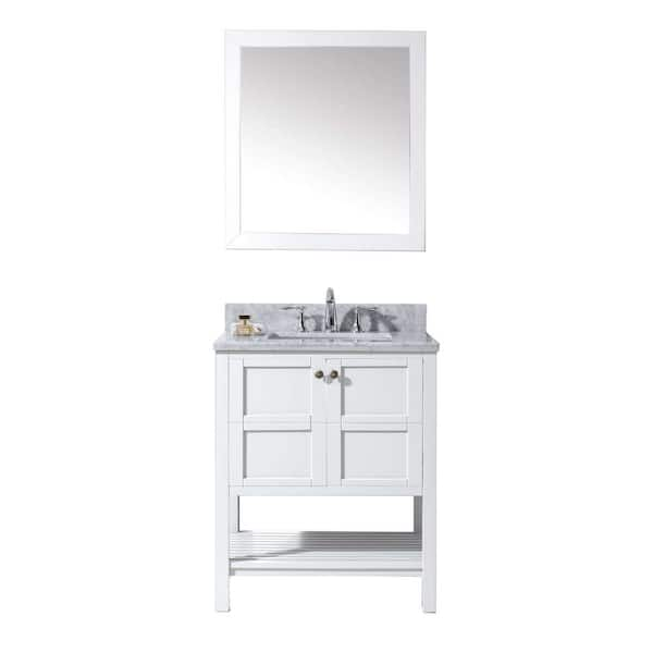 Virtu USA Winterfell 30 in. W Bath Vanity in White with Marble Vanity Top in White with Square Basin and Mirror