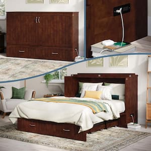 Aspen Queen Walnut Wood Murphy Bed Chest with Mattress, Storage and Built-in Charging