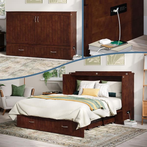 AFI Aspen Queen Walnut Wood Murphy Bed Chest with Mattress, Storage and Built-in Charging