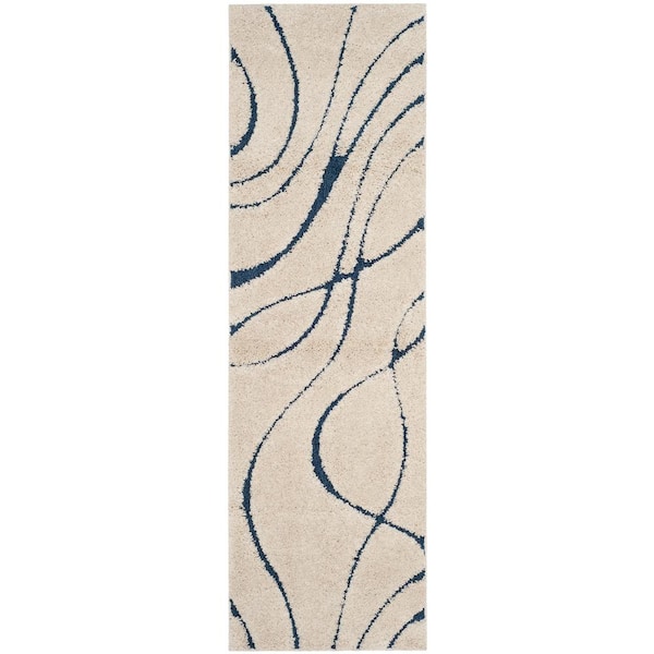 Florida Shag 2 ft. x 17 ft. Cream/Blue Solid Color Runner Rug