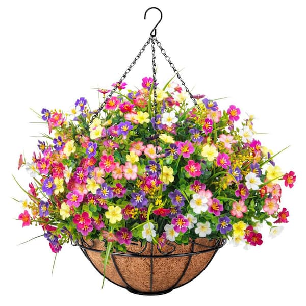 Unbranded 15 in. Multi-Colored Fake Plant Hanging Flowers with Basket, Artificial Outdoor Decor Fake Hanging Plants